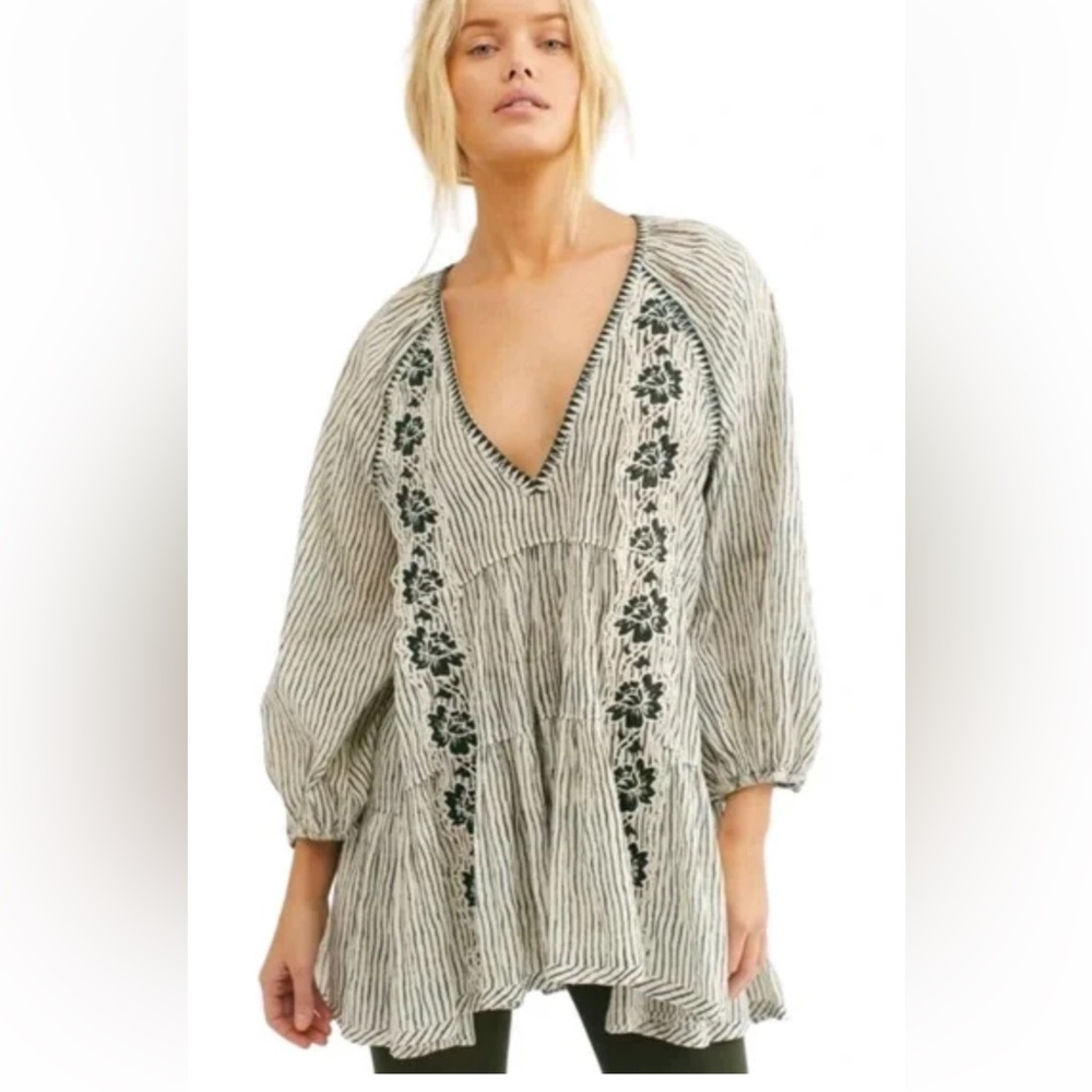 Free People Oversized Embroidered V-Neck Tunic